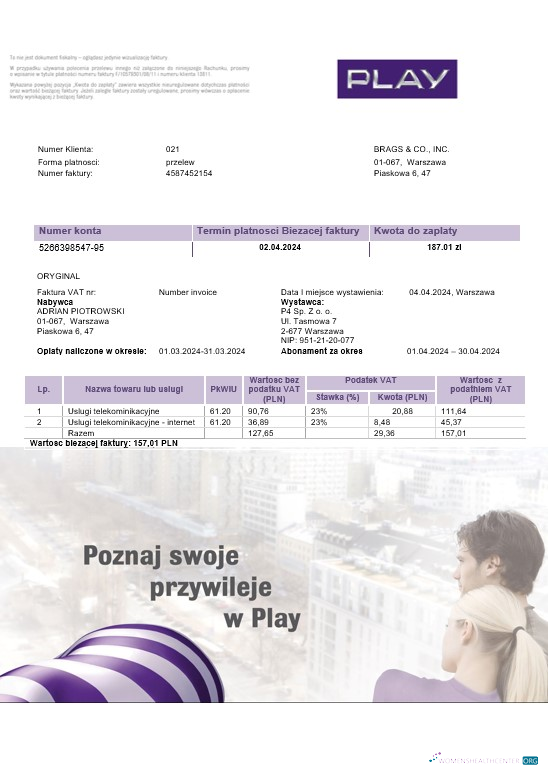 Download Poland Play business utility bill template in Word and PDF format Photoshop template